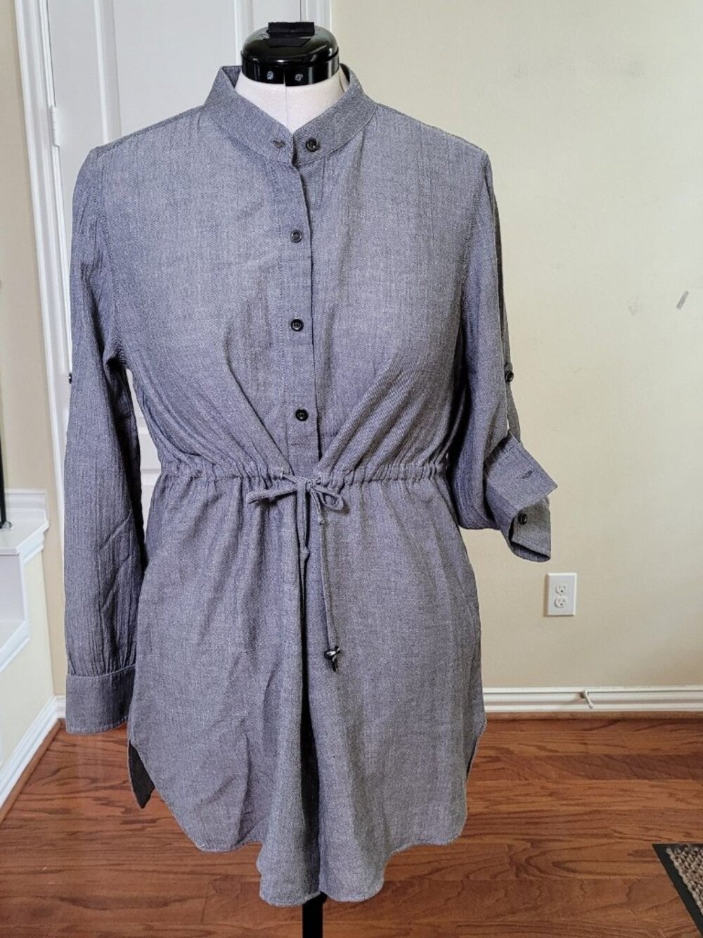Lafayette 148 Button-up Shirt Tunic Gray Women L Drawstring Waist Preppy Vacatio